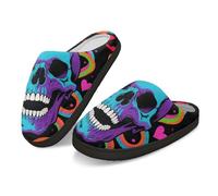 Kuiaobaty Neon Skull Slippers for Women Memory Foam Y2K Art Skull Color Stripes Comfy Fuzzy House Scuffs Slippers with Fleece Lining