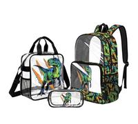 Kuiaobaty Neon T-Rex Transparent Backpack with Lunch Compartment Set - Boys Heavy Duty Clear Bookbag with Side Pockets for Kids Elementary School, 3 Pieces