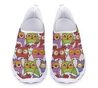 Kuiaobaty Novelty Owls Print Womens Comfortable Walking Shoes with Memory Foam, Colorful Owl Birds Loafer Shoes Breathable Mesh Trainers