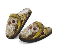 Kuiaobaty Owl Print Women's Flannel Slippers Soft Memory Foam, Moroccan Ethnic Owl Print Slip on House Shoes Indoor Outdoor Hard Rubber