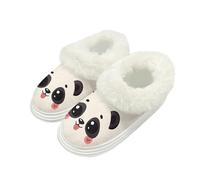 Kuiaobaty Panda Print Slippers Women Fluffy Collar Cartoon Panda Bear Indoor House Slippers, Beige Memory Foam Slip On Home Shoes with Non Slip Sole