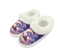 Kuiaobaty Panda Slippers for Women Fluffy Collar, Panda Bear Moon Print Indoor House Slippers Memory Foam Slip On Home Shoes with Non Slip Sole