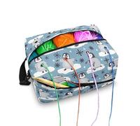 Kuiaobaty Penguins Print Knitting Tote Bag Craft Knit Bag, Cartoon Animals Yarn Storage Bag with Compartments for Crochet Hooks, Blue