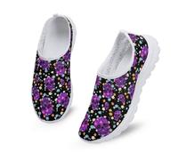 Kuiaobaty Purple Skulls Women's Wide Fit Barefoot Walking Shoes, Folk Skull Floral Slip on Sneaker Soft Mesh Fitness Jogging Trainers