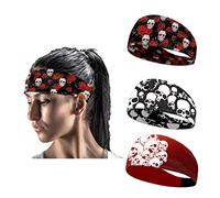 Kuiaobaty Rose Skulls Sports Headband 3pcs, Skeleton Gothic Sweatband Fitness Elastic Workout Non Slip Lightweight Headbands Bandana for Men Skull Black Red