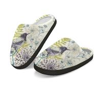 Kuiaobaty Sketch Bird Flower Warm House Slippers Cozy Memory Foam, Hand Drawn Bird Floral Fuzzy House Indoor/Outdoor Shoes With Anti-skid Sole
