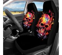 Kuiaobaty Skull Fire Print 4pcs Universal Car Seat Covers Gothic Skull Car Decor, Black Auto Protector Wrap Stretchy Non Slip