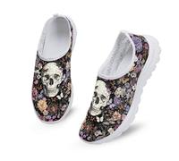 Kuiaobaty Skull Flowers Slip One Walking Trainers for Womens Breathable Ladies Slip-on Sports Shoes Sport Outdoor Tennis Jogging Shoes