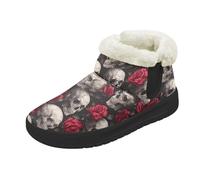 Kuiaobaty Skull Roses Warm Fluffy Bootie Slippers Memory Foam for Women, Gothic Skulls Slipper Boots Walking Ankle Boots Anti-Slip, Size 7