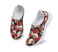 Kuiaobaty Skulls Red Roses Flowers Women Slip On Mesh Breathable Sneakers, Gothic Skeleton Flat Travel Gym Tennis Shoes Sport Fitness Sneakers