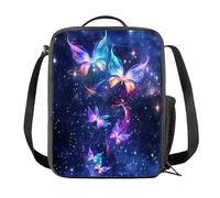 Kuiaobaty Starry Magical Butterfly Lunch Bag for Girls, Purple Blue Butterflies Kids Lunch Box Insulated Meal Bag with Shoulder Straps