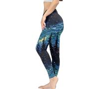 Kuiaobaty Stars Night Forest Women High Waisted Leggings Painting Starry Casual Leggings Plus Size, Painting Trees Stretchy Fitness Tights