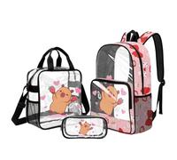Kuiaobaty Strawberry Capybara 3-in-1 Clear Backpack with Lunch Bag Set - Heavy Duty Transparent Knapsack with Reinforced Bottom Bookbags for Kids Elementary School Sports