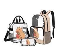 Kuiaobaty Strawberry Capybara Transparent Backpack with Lunch Box Set of 3 - Large See Through Bookbags with Padded Straps Knapsack for School Picnic Hiking