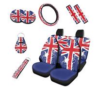 Kuiaobaty Union Jack Flag Car Seat Covers Full Set of 10 Pcs, Blue Universal Auto Interior Protector Accessory Steering Wheel Covers