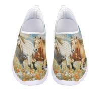 Kuiaobaty Watercolor Horses Womens Slip On Trainers Walking Shoes, Painting Running Horse Print Breathable Mesh Sneakers Non Slip Hiking Shoes