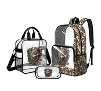 Kuiaobaty Wolf Clear Backpack with Lunch Box Set - 3-in-1 Heavy Duty See Through Bookbag for Teen Boys Schoolbag for Stadium Approved Events