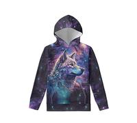 Kuiaobaty Wolf Print Kids Sweatshirt Hooded Fall Tops 7-8 Years, Galaxy Painting Wolf Hooded Pullover for Boys Teens Hoodie with Pocket