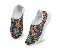 Kuiaobaty Women Folk Floral Slip On Sneakers Fashion Trainers Shoes, Boho Folk Flowers Breathable Walking Shoes Memory Foam Lightweight