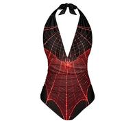 Kuiaobaty Women Tummy Control Gothic Red Spider Web One Piece Swimsuits Halloween Cobweb Halter Neck Tie Knotted Swimming Costume Swimwear, Black