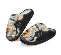 Kuiaobaty Women Warm Scuff Slippers Halloween Mummy Cat Cozy Warm Winter House Slippers, Scary Pumpkin Cats Slip On Home Shoes Indoor Hard Sole