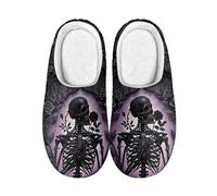 Kuiaobaty Women's Black Skeleton Scuff Slipper Memory Foam, Gothic Skull Roses Fleece Slippers Shoes for Home Indoor/Outdoor Hard Sole