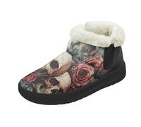 Kuiaobaty Women's Bootie Slippers Skull Butterfly Snow Boots with Fluffy Lined, Gothic Skulls Roses Winter Bootie Slippers Anti-Slip, Size 7