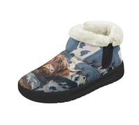 Kuiaobaty Womens Faux Fur Slipper Boots Pocket Cow Print Boot Slippers, Jeans Pocket Cattle Memory Foam Warm Bootie House Shoes Anti Slip, Size 11.5