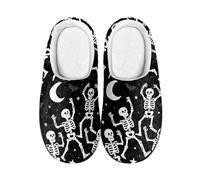 Kuiaobaty Women's Memory Foam Slippers Dancing Skeleton Comfy Fuzzy House Shoes, Moon Stars Skeleton Scuffs Slippers with Fleece Lining Rubber Soles