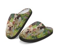 Kuiaobaty Women's Painting Dogs Indoor/Outdoor Scuff Slipper Memory Foam, French Bulldogs Flowers Fleece Slippers Shoes for Home, Christmas Gifts