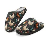 Kuiaobaty Women's Scuff Slippers Chicken Rooster Slip-on Indoor House Shoes, Vintage Chickens Memory Foam Winter Slippers with Warm Fleece Lining