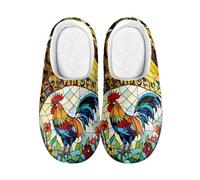 Kuiaobaty Women's Scuff Slippers Rooster Floral Slip-on Indoor House Shoes, Stained Glass Chicken Art Winter Slippers with Warm Fleece Lining