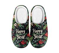Kuiaobaty Women's Warm Slippers Memory Foam Happy New Year Soft Fuzzy Home House Shoes, Christmas Slippers with Indoor Outdoor Rubber Sole