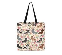 KUIFORTI Women Canvas Tote Bags Flower Dachshund Printed Large Shoulder Handbag Foldable Dirty Clothes Bag Womens Reusable Grocery Bags Heavy Duty Shopping Tote