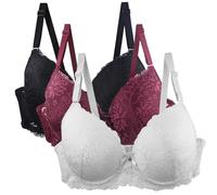 KUIH 3 Pack Lace Bras for Women, Lace Full Coverage Bra Ladies Underwired Bralettes Comfort Adjustable Straps Supportive Bras Everyday Plus Size Bra Underwear Shapewear Brasier Dailywear