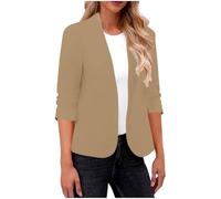 KUIH Blazers for Women UK 3/4 Ruched Sleeve Open Front Cardigans Blazer Front Lined Womens UK Regular Fit Blazer Crop Shrug Jackets Smart Cover Up Short Coat for Summer Wedding Party Beige