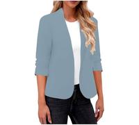 KUIH Blazers for Women UK 3/4 Ruched Sleeve Open Front Cardigans Blazer Front Lined Womens UK Regular Fit Blazer Crop Shrug Jackets Smart Cover Up Short Coat for Summer Wedding Party Light Blue