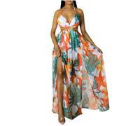 KUIH Boho Dresses for Women Halter Neck Spaghetti Strap Summer Dress Side Split Vacation Sleeveless Long Dress Floral Print Cover Ups Sundress A-Line Tunic Beach Dresses for Party Wear