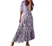 KUIH Boho Maxi Dresses for Women UK Plus Size Loose Summer Dress V Neck A Line Dress Ladies Chiffon Long Dress Beach Tunic Dress Vacation Holiday Clothes