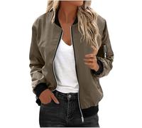 KUIH Bomber Jacket Women Classic Casual Lightweight Waterproof Outerwear Ladies Long Sleeve Zip Up Summer Jackets Trendy Fashion Women Flight Jackets Quilted Coat with 2 Pockets Brown