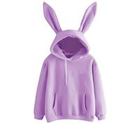 KUIH Bunny Ears Hoodie Women Cute Pullover Hoodies Basic Warm Fleece Long Sleeve Sweatshirts for Lady Teen Plain Casual Lightweight Hooded Sweatshirt Autumn Winter Cosy Top Hoody Preppy Clothes