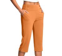 KUIH Capri Trousers for Women UK Elastic Waist Summer Pants with Pockets Stretch Straight Leg 3/4 Leggings Knee Length Shorts Ladies Cropped Bottoms Lightweight Golf Work Yoga Pants Plus Size