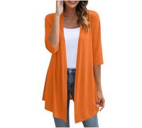 KUIH Cardigans for Women UK Loose Lightweight 3/4 Sleeve Open Front Cardigans Casual Summer Jacket Ladies V Neck Waterfall Cardigan Sweater Cotton Outerwear for Wedding Party Beach Holiday Orange