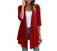KUIH Cardigans for Women UK Loose Lightweight 3/4 Sleeve Open Front Cardigans Casual Summer Jacket Ladies V Neck Waterfall Cardigan Sweater Cotton Outerwear for Wedding Party Beach Holiday Red