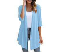 KUIH Cardigans for Women UK Loose Lightweight 3/4 Sleeve Open Front Cardigans Casual Summer Jacket Ladies V Neck Waterfall Cardigan Sweater Cotton Outerwear for Wedding Party Beach Holiday Blue