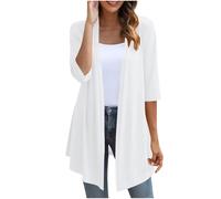 KUIH Cardigans for Women UK Loose Lightweight 3/4 Sleeve Open Front Cardigans Casual Summer Jacket Ladies V Neck Waterfall Cardigan Sweater Cotton Outerwear for Wedding Party Beach Holiday White