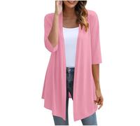 KUIH Cardigans for Women UK Loose Lightweight 3/4 Sleeve Open Front Cardigans Casual Summer Jacket Ladies V Neck Waterfall Cardigan Sweater Cotton Outerwear for Wedding Party Beach Holiday Pink