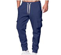 KUIH Cargo Joggers Men Tracksuit Bottoms with Pockets Autumn Winter Jogging Bottoms Solid Color Drawstring Sweatpants Casual Sports Thermal Warm Fleece Lined Trousers Plain Track Pants Navy