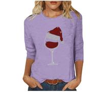KUIH Christmas Jumpers for Women Glitter Xmas Tee Shirts Rhinestones Christmas Red Wine Glass Top Ladies Crewneck 3/4 Sleeve Blouse Shirts Oversized Pullover Novelty Funny Graphic Sweatshirts