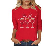 KUIH Christmas Jumpers for Women Glitter Xmas Tee Shirts Rhinestones Christmas Red Wine Glass Top Ladies Crewneck 3/4 Sleeve Blouse Shirts Oversized Pullover Novelty Funny Graphic Sweatshirts